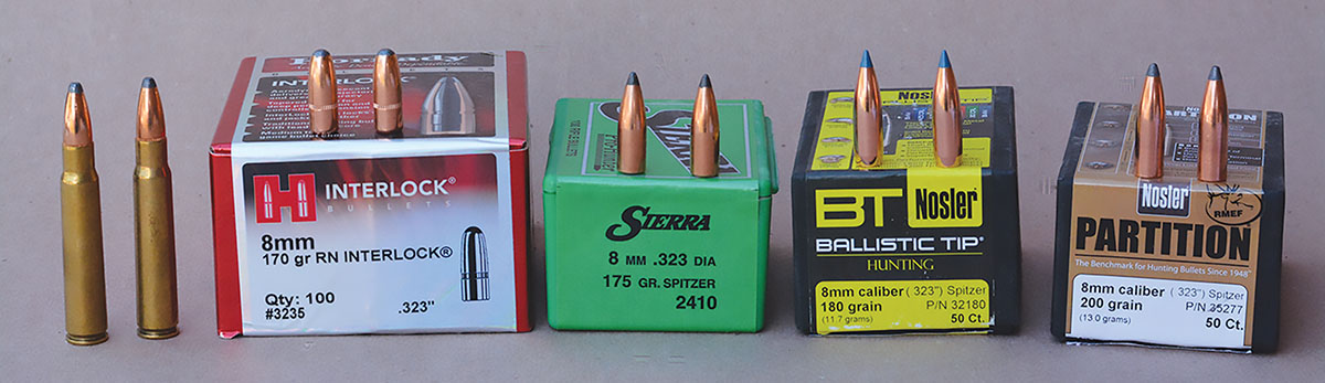 Domestic commercial bullet manufacturers offer a variety of 8mm bullets.